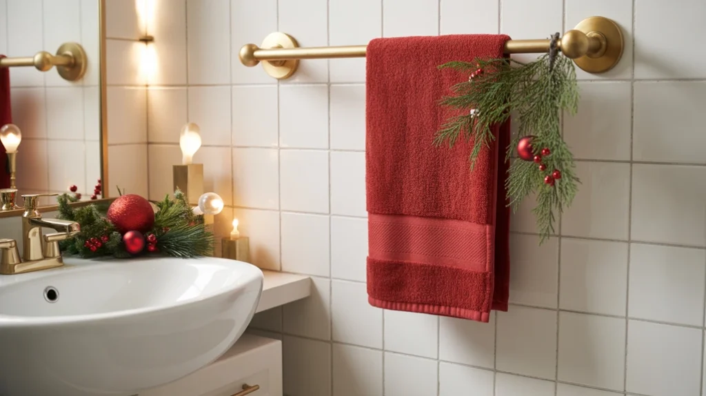 Red, green, and gold Christmas accents used for classic holiday bathroom styling.