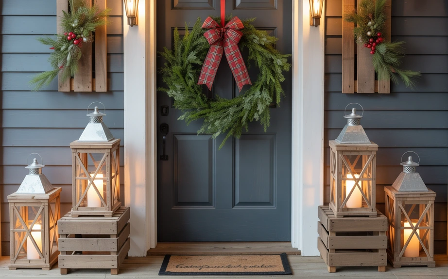 Plaid Bow Wreath with Farmhouse Lanterns
