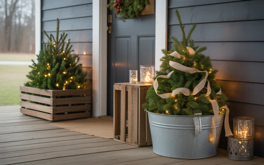 Small Christmas Trees in Rustic Planters