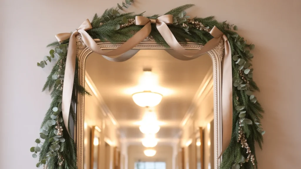 Hallway mirror styled with a simple garland for a festive Christmas entry