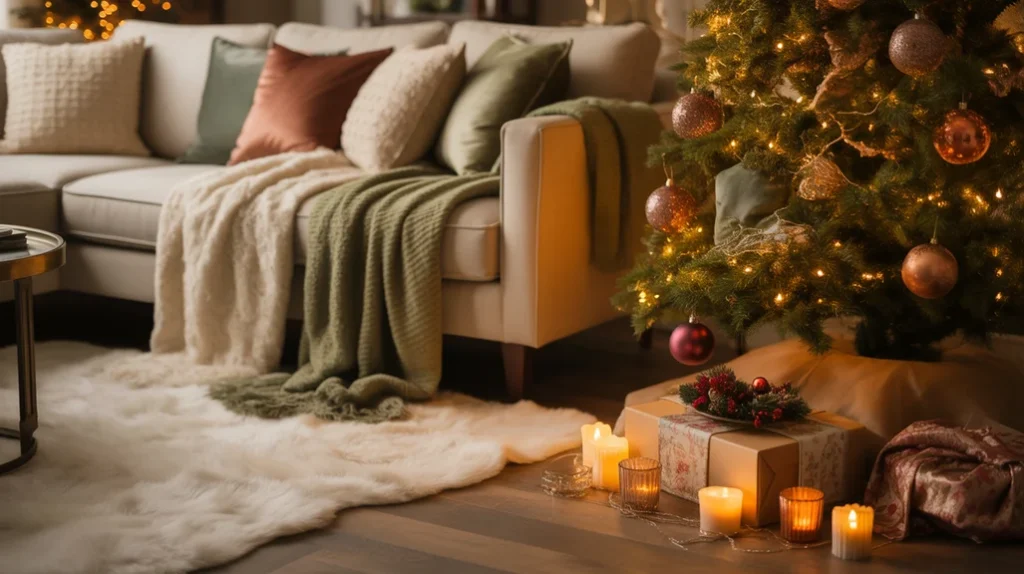 Cozy rug textures and layered textiles enhancing warm winter glow in Christmas living room
