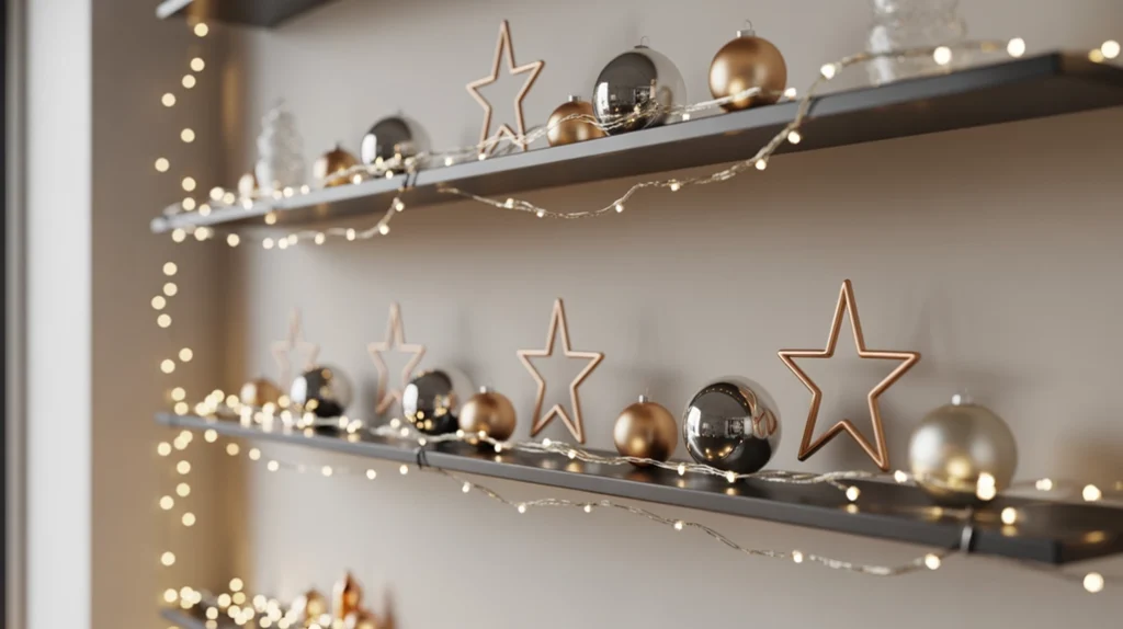 Floating shelves decorated with mini fairy lights for warm holiday living room