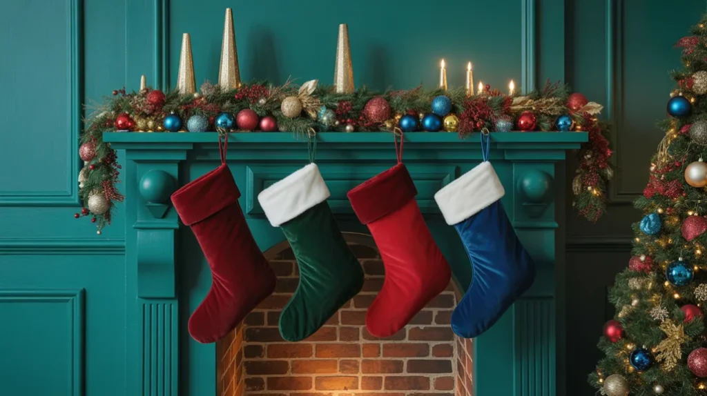 Jewel-tone Christmas mantel with deep emerald, ruby red, and gold accents for a rich festive look