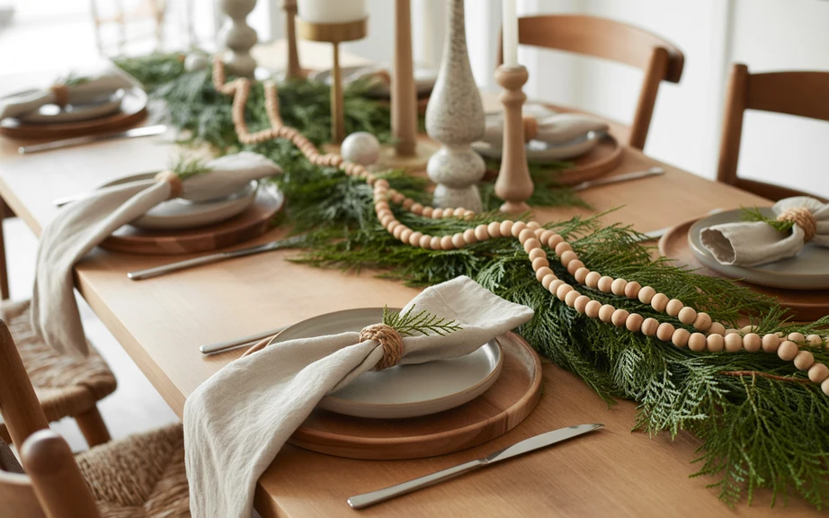 Rustic Farmhouse Dining Table with Wooden Bead Garlands