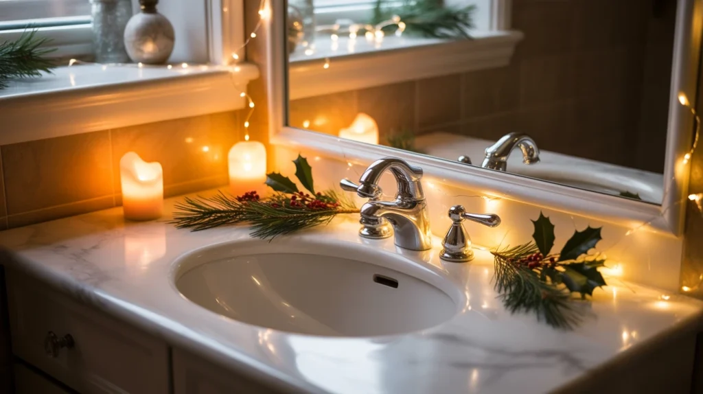 bathroom sink decorated with warm fairy lights and greenery for cozy christmas atmosphere