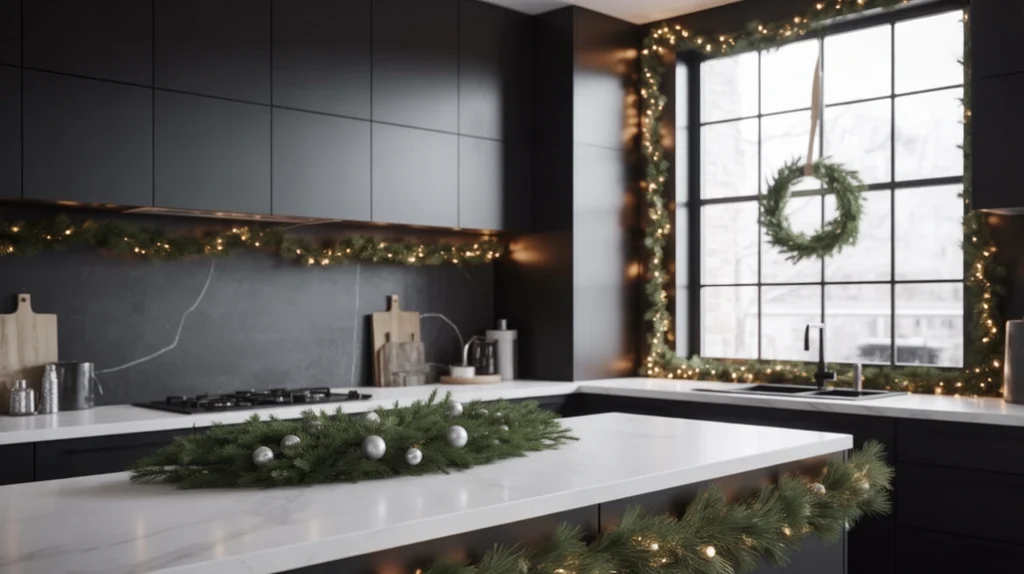 Black and white modern Christmas kitchen with minimalist holiday style