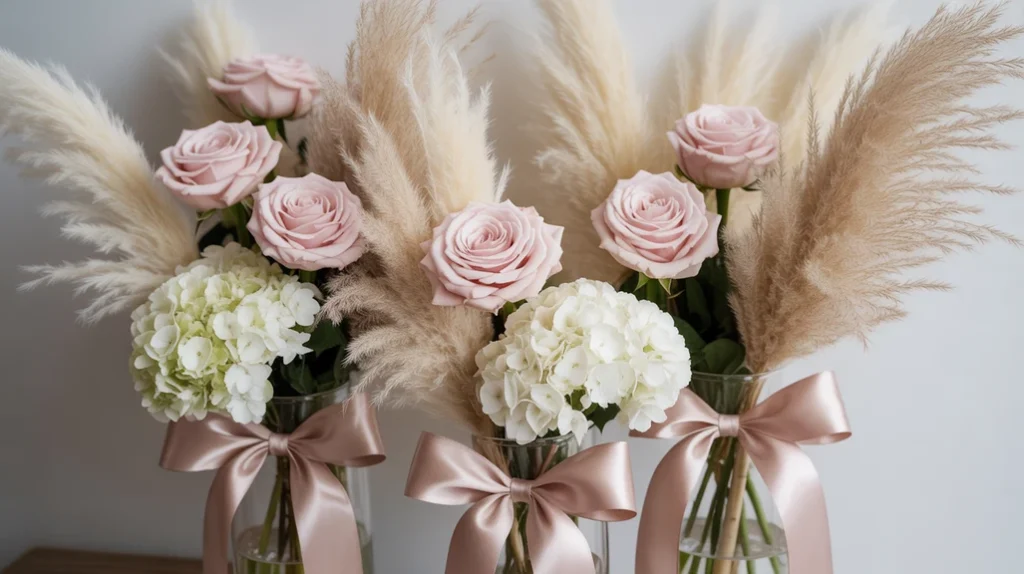 Blush pink roses and pampas floral arrangement in glass vase with rose gold ribbons for holiday home styling.