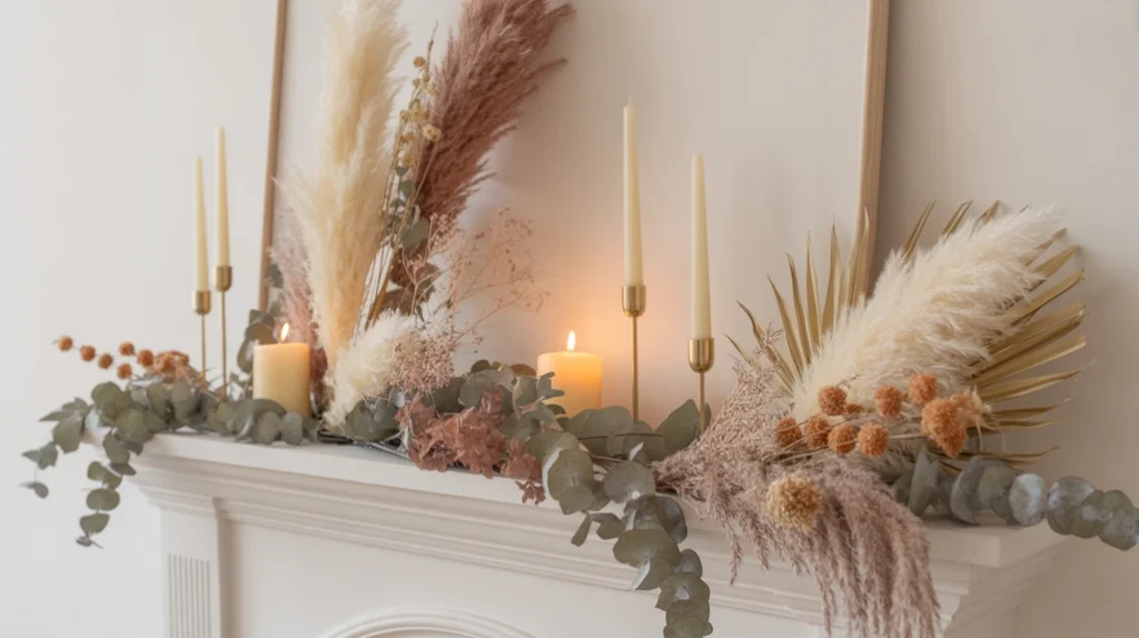 Stone or brick fireplace decorated for a cozy Christmas cabin look