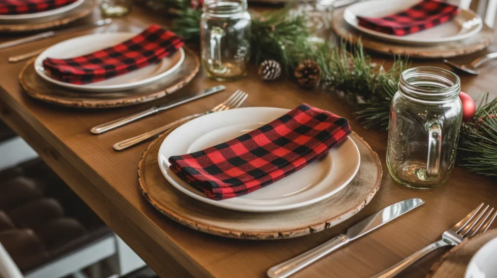 Buffalo plaid napkins arranged on a rustic Christmas dining table with wood chargers
