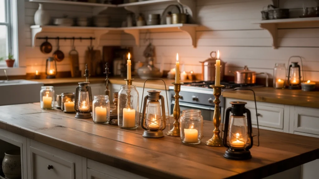 candle holders and lanterns glowing softly in rustic farmhouse christmas kitchen