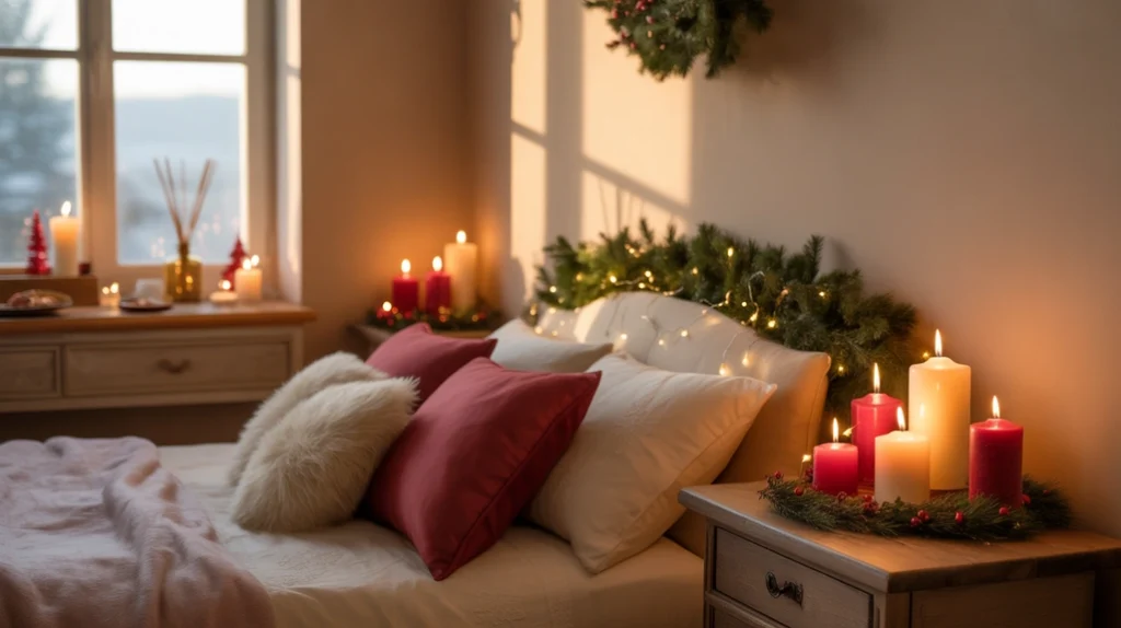 Christmas bedroom scents and sounds with scented candles, diffusers, and quiet holiday music