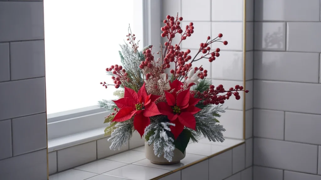 Christmas florals and winter stems in a small vase for seasonal small-bathroom décor.