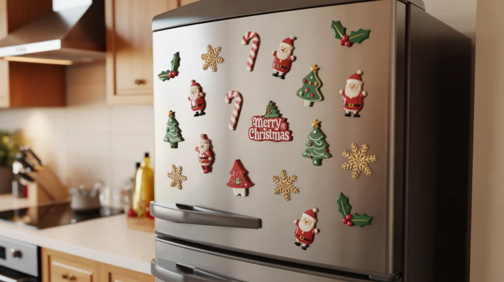 Fridge decorated with Christmas magnets and decals adding a festive touch to a small kitchen