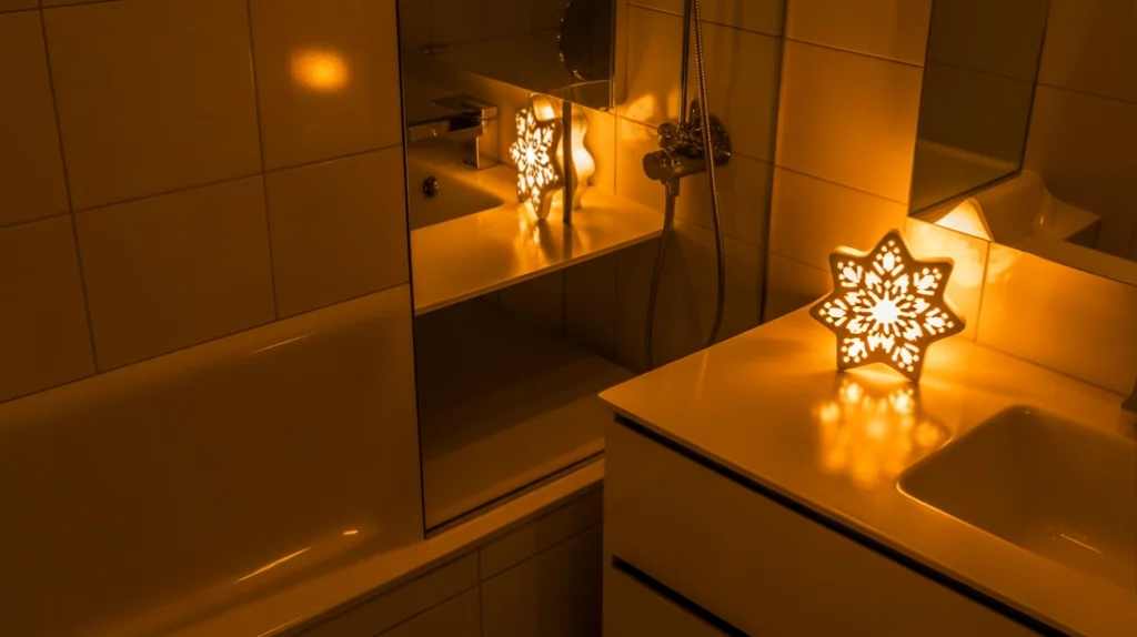 “warm snowflake night light softly illuminating a bathroom corner”