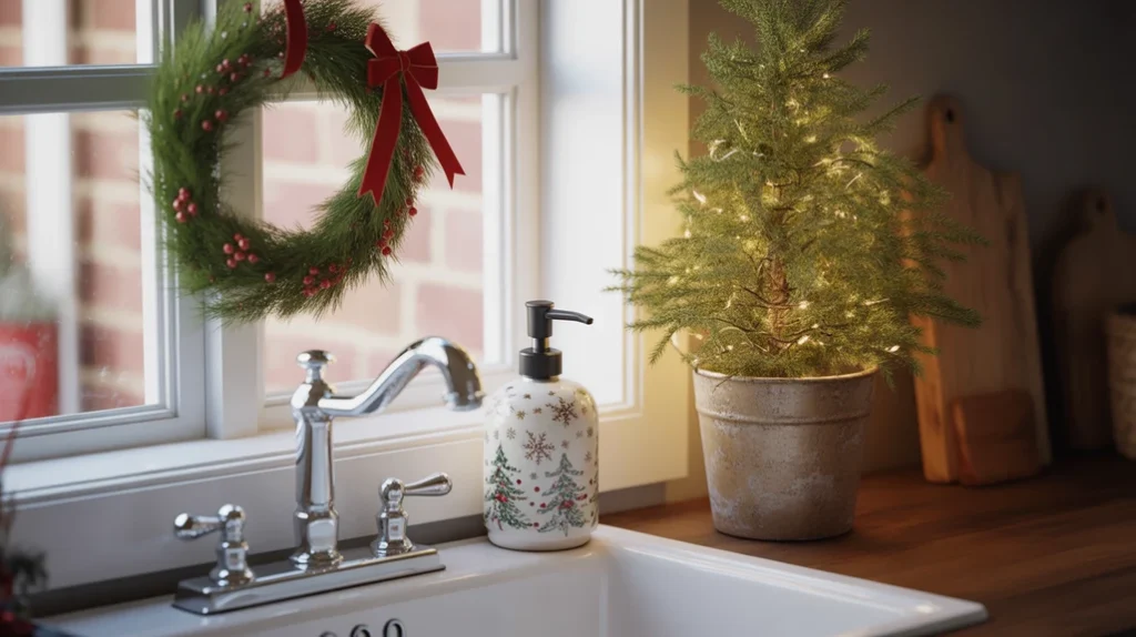 Festive sink area with holiday soap bottle, mini wreath, and small potted pine