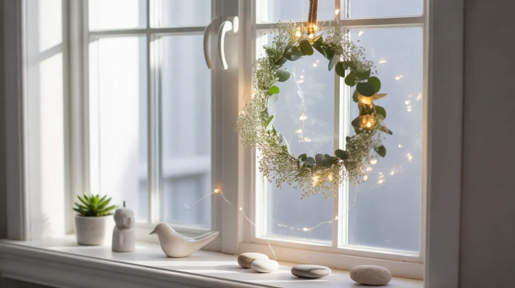Bathroom window decorated with a mini wreath and fairy lights for a bright Christmas feel