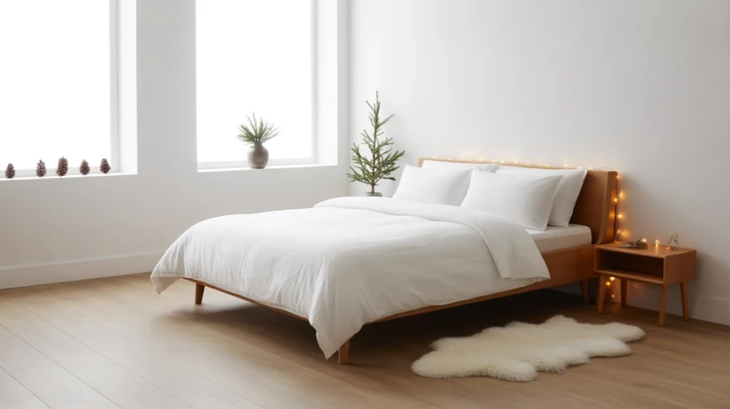 Clean clutter-free Scandinavian bedroom with natural light, neutral tones, and minimal Christmas details