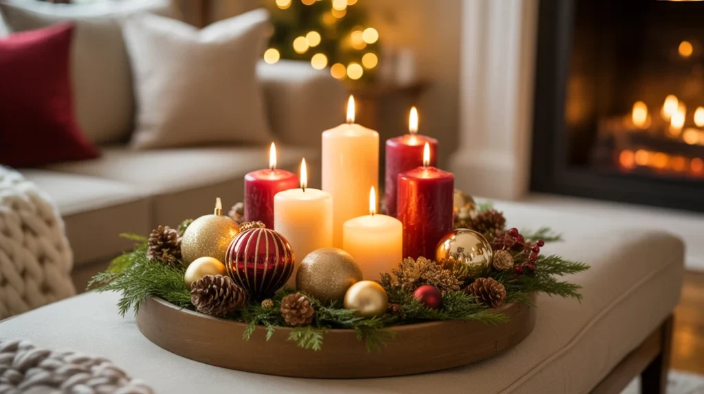 Christmas coffee table centerpiece with candles, pinecones, and ornaments in a small apartment setting.