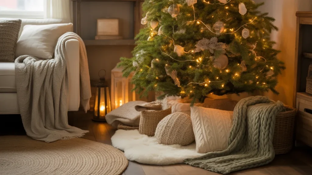 Layered knit blankets and rugs around a farmhouse Christmas tree for cozy rustic charm.