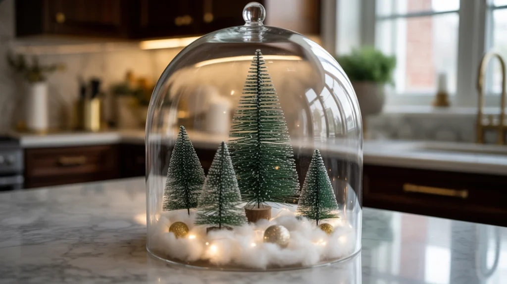 Glass cloche with miniature Christmas trees and ornaments on kitchen counter creating an elegant winter holiday scene