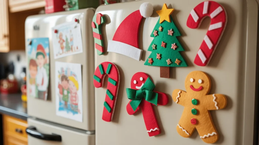 Handmade Christmas fridge magnets using felt and stickers for playful holiday kitchen decor