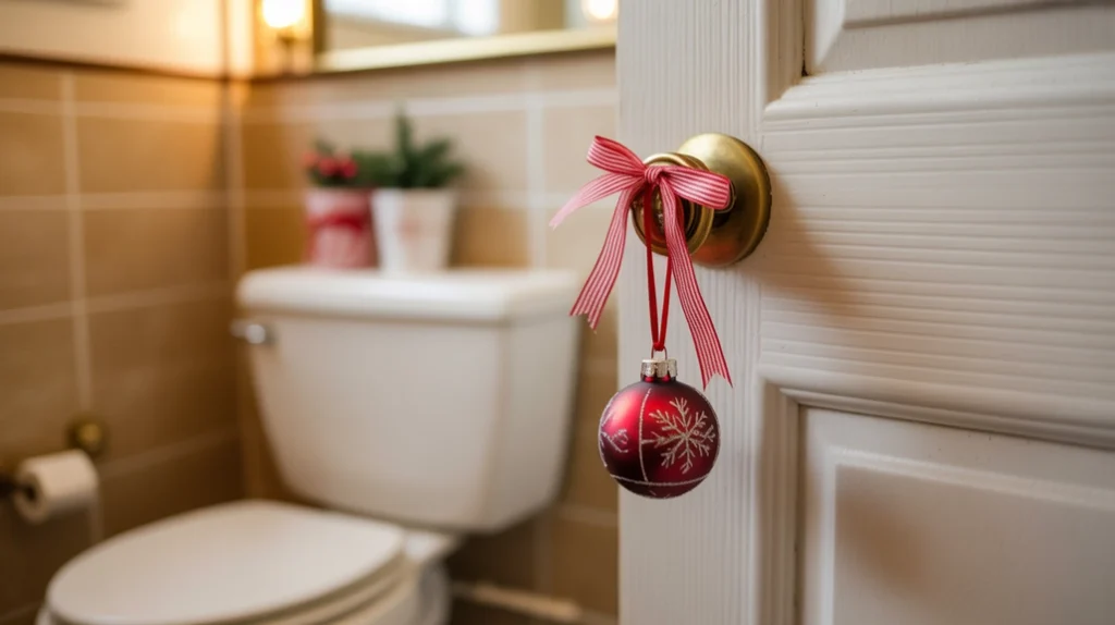 tiny ornament tied to a bathroom doorknob with ribbon for a simple holiday detail