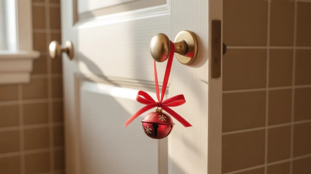 Tiny ornament tied to a doorknob with ribbon, adding a soft festive touch to the bathroom.