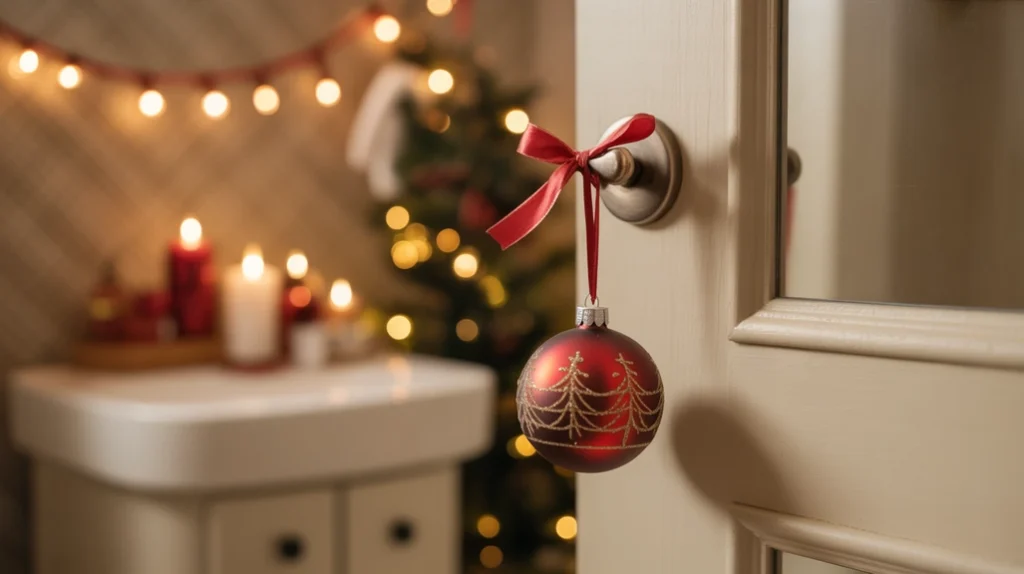 tiny christmas ornament tied to a bathroom doorknob with ribbon for a simple festive touch