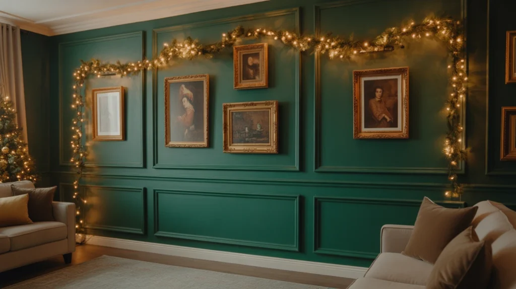Living room with emerald accent wall and gold-framed artwork creating a rich, elegant Christmas atmosphere.