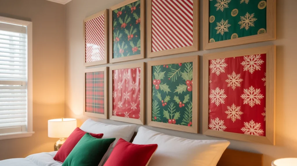 Fabric and gift wrap turned into colorful wall art panels for affordable Christmas bedroom wall design.