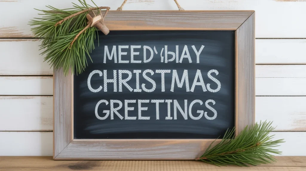 “Rustic chalkboard with holiday message adding vintage farmhouse Christmas charm”