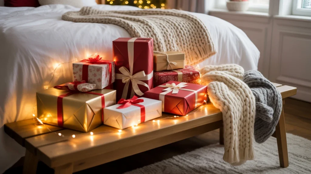 Festive bench at foot of bed styled with wrapped gifts and blankets in a cozy Christmas retreat