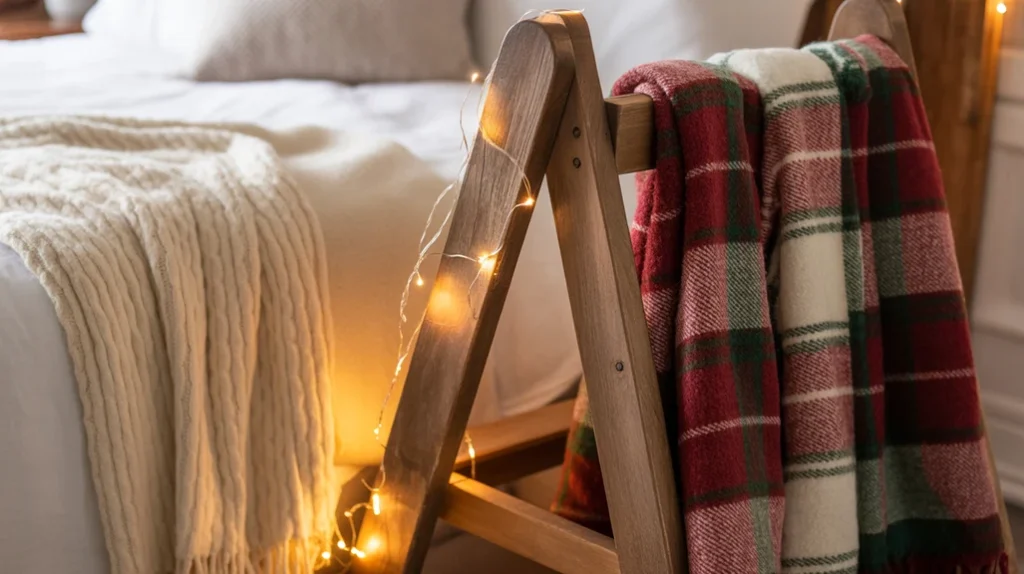 Throw blanket ladder decorated with Christmas lights and cozy knits in bedroom