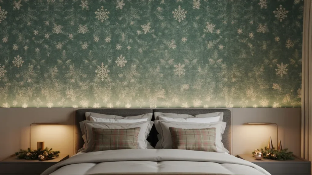 Bedroom accent wall with festive wallpaper pattern adding elegant Christmas design detail.
