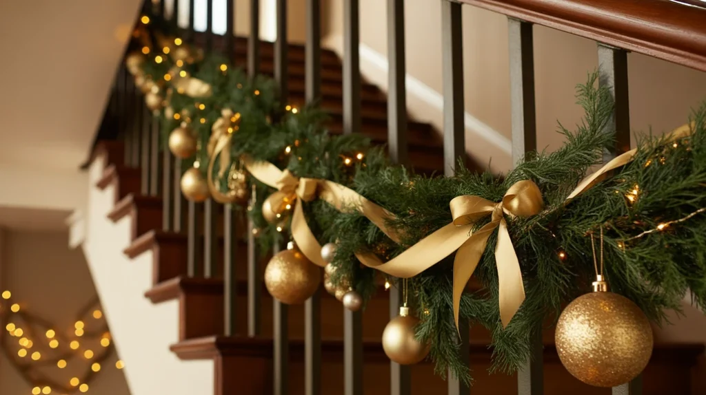 Gold accents mixed into Christmas staircase garland for warm shimmering holiday style”