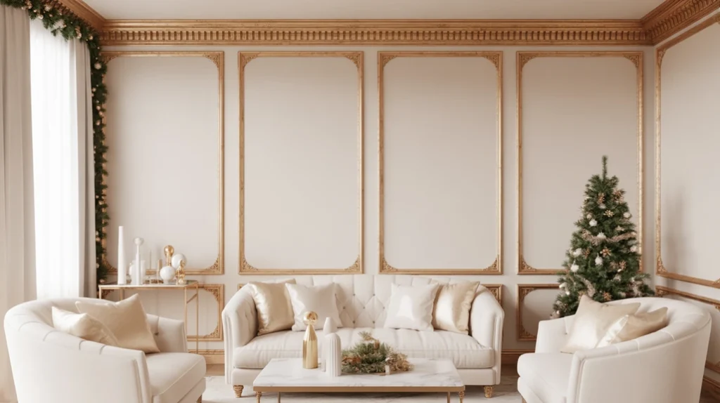 Gold wall trims and metallic accents highlighting the architecture of a white and gold living room
