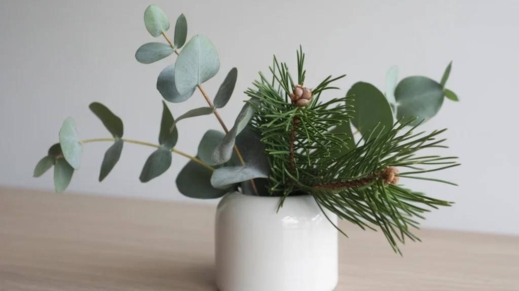 Eucalyptus and pine branches in ceramic vase adding organic touch to minimalist Christmas decor