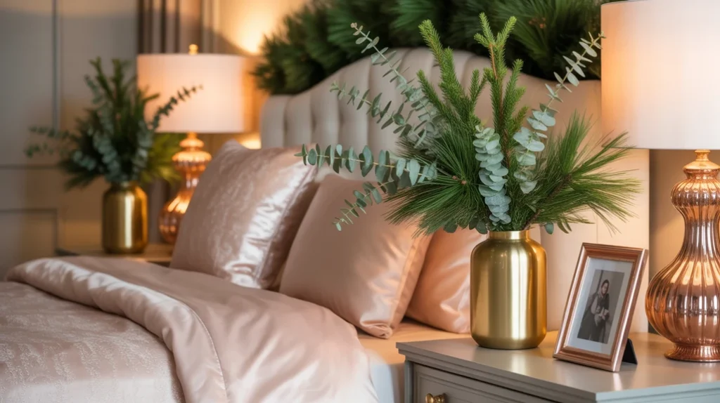 eucalyptus and pine branches in gold vases balancing metallic hues in luxurious rose gold Christmas bedroom