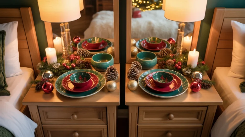 Christmas nightstand decor with red and green dishes and ornaments