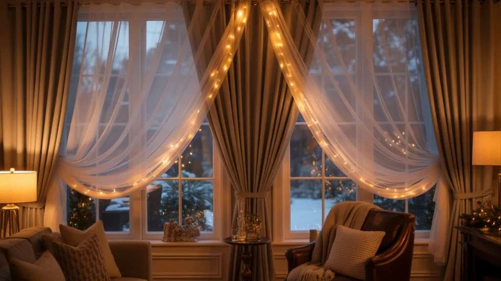 Layered beige curtains and fairy lights creating warm intimate Christmas ambiance