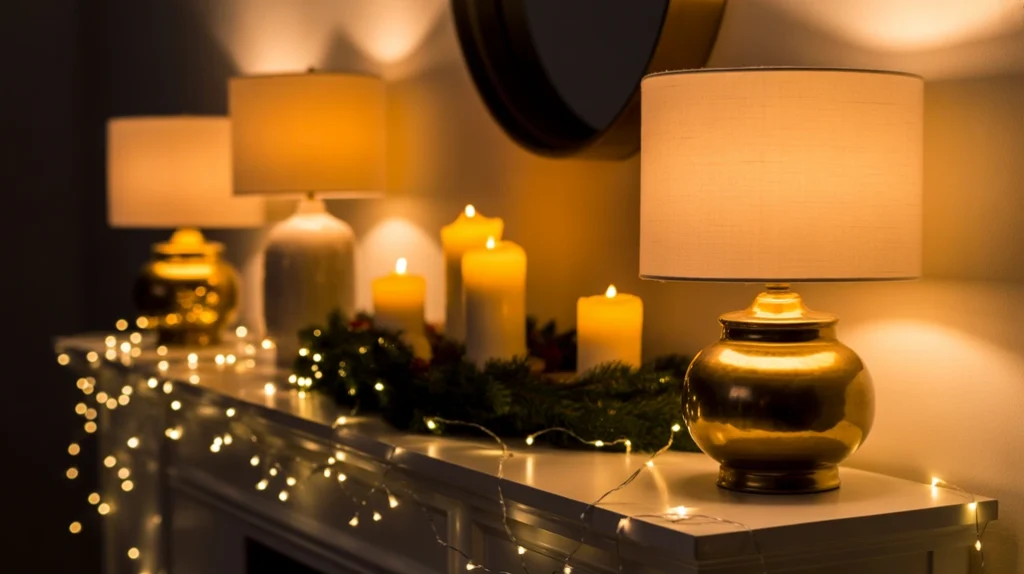 Layered lighting with lamps, candles, and fairy lights for cozy Christmas bedroom