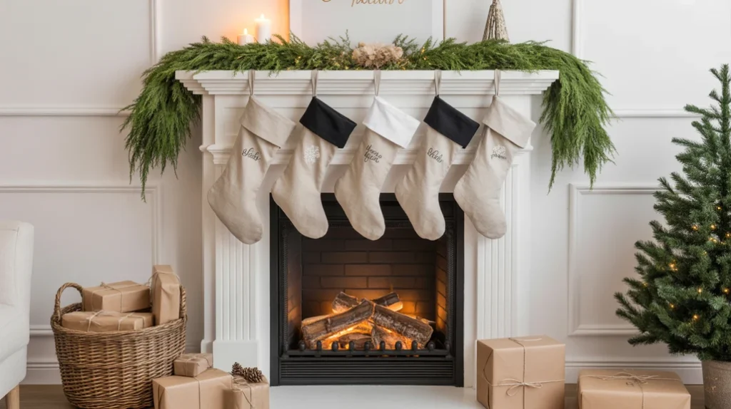 “Christmas fireplace with linen stockings and kraft paper gifts wrapped with evergreen sprigs, styled in Nordic minimalist fashion.”