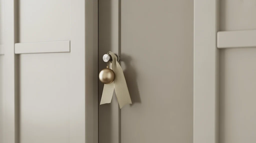 small matte ornament tied to bathroom doorknob for a simple modern holiday accent