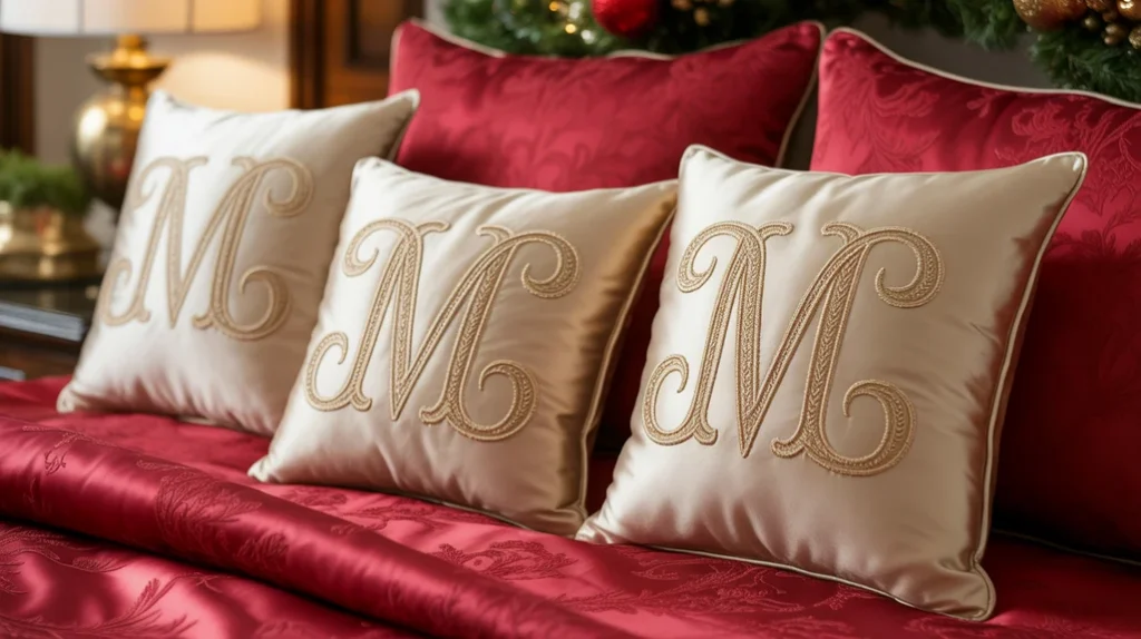 Monogrammed gold pillows adding personal detail to elegant Christmas bedroom decor