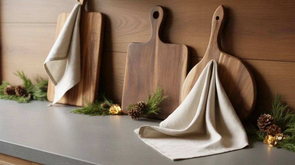 Natural materials like wood and linen adding warmth to modern Christmas kitchen design