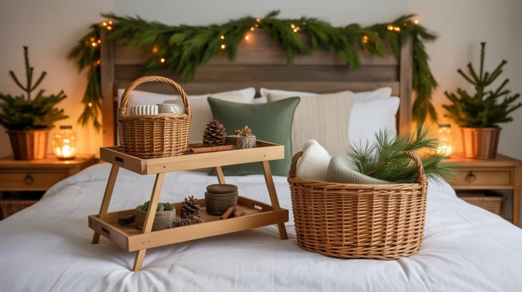 Wooden trays, wicker baskets, and greenery adding rustic charm to classic Christmas bedroom design