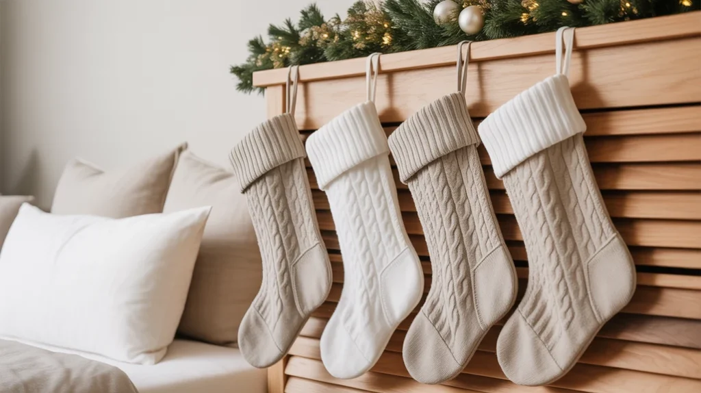 linen and knit Christmas stockings in beige and white for subtle festive bedroom decor