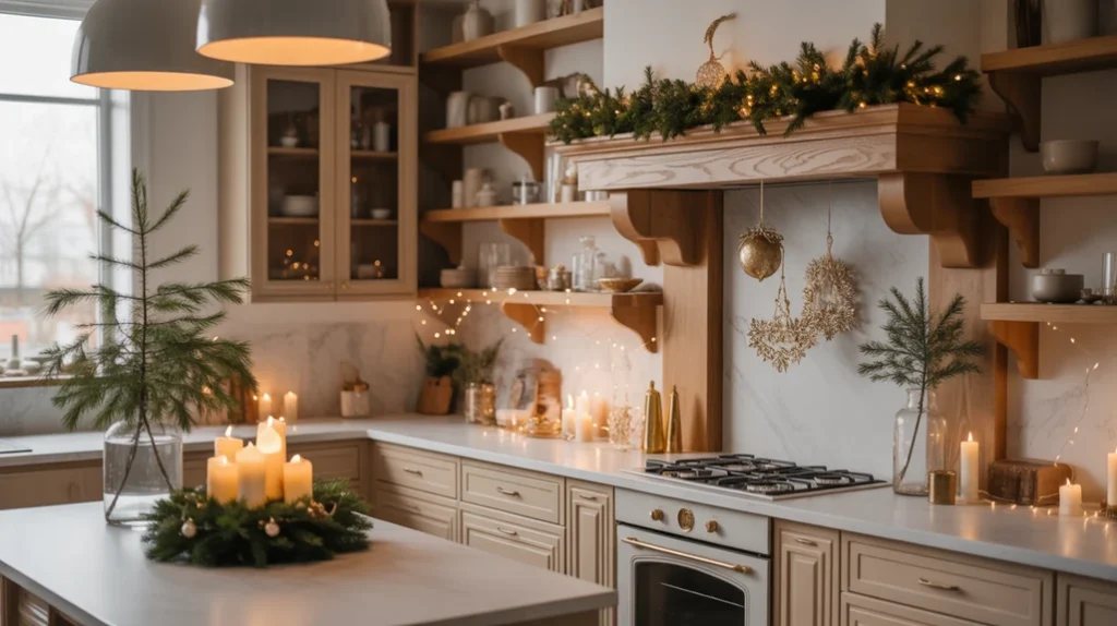 neutral beige and white kitchen with warm gold accents and subtle cozy christmas styling