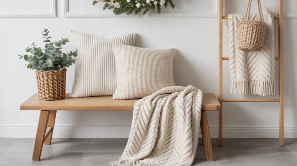 soft neutral throw blanket draped on a bathroom bench with subtle holiday accents
