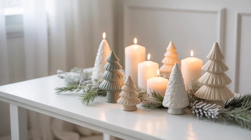 “neutral white Christmas coffee table decor with frosted greenery and ceramic trees”